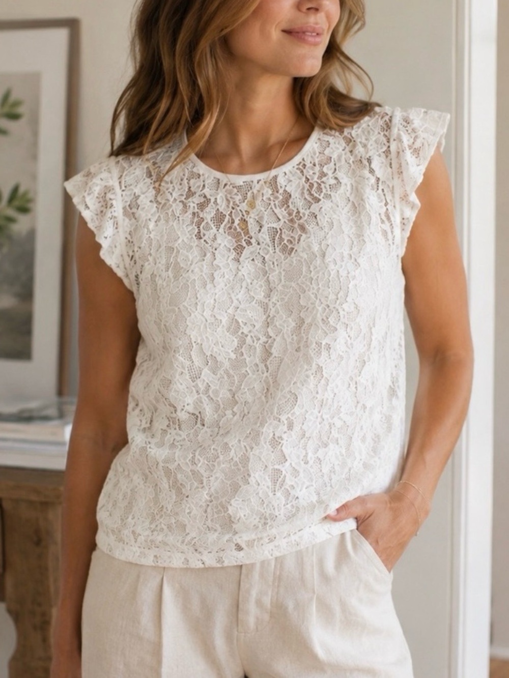 White House Black Market White Lace Sleeveless Blouse with built in camisole